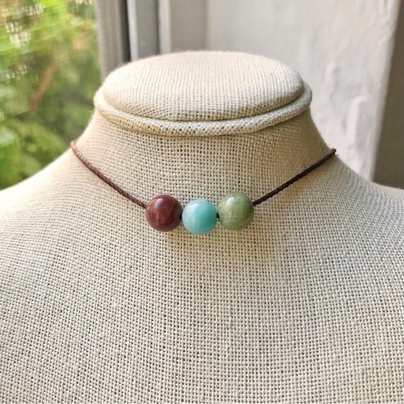 Handmade Jewelry - Earthy Indian Agate x Amazonite Trio Bead (Dark Brown) Necklace/Choker